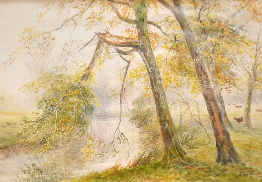 William Henry Hall (act.1874-1926), River scene with trees, signed lower right, watercolour, mounted, unframed, 23 x 33cm